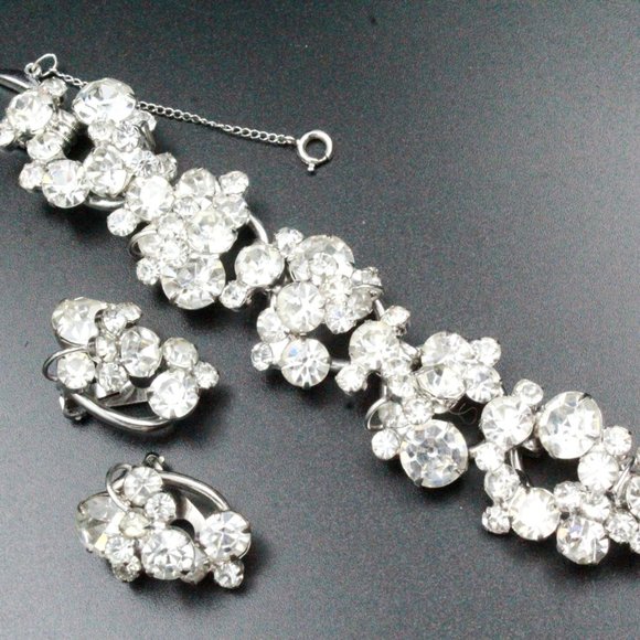 Juliana White Crystal Rhinestone Cluster Mint Bracelet Earrings Silver Tone SetC - Picture 9 of 10